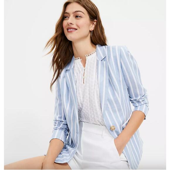LOFT Striped Modern Blazer Jacket Linen Green White 10 Coastal Preppy Office - Picture 6 of 14